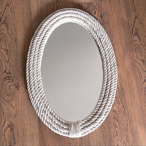 Oval Hanging Mirror Nautical Rope Beach Wall Decor Tan - Picture 1 of 7
